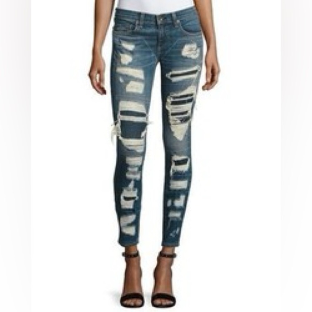 Rag & Bone. Dre Distressed Repaired Mid Rise Skinny Jeans Ada Brigade. Size 27.